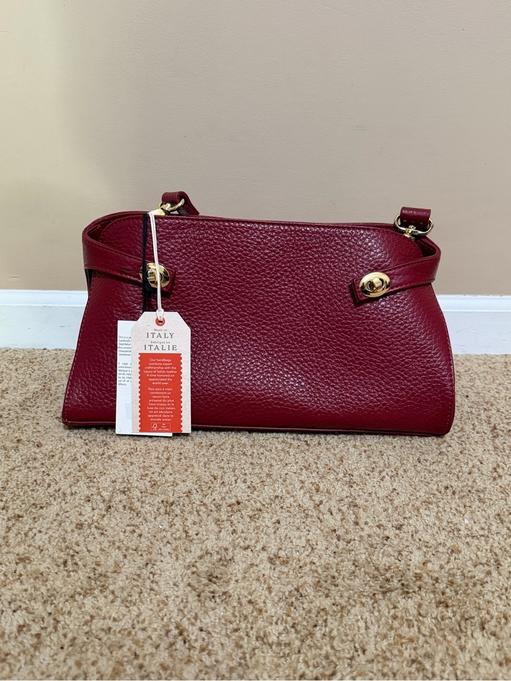 Italian Leather Burgundy Shoulder Bag with Gold Hardware